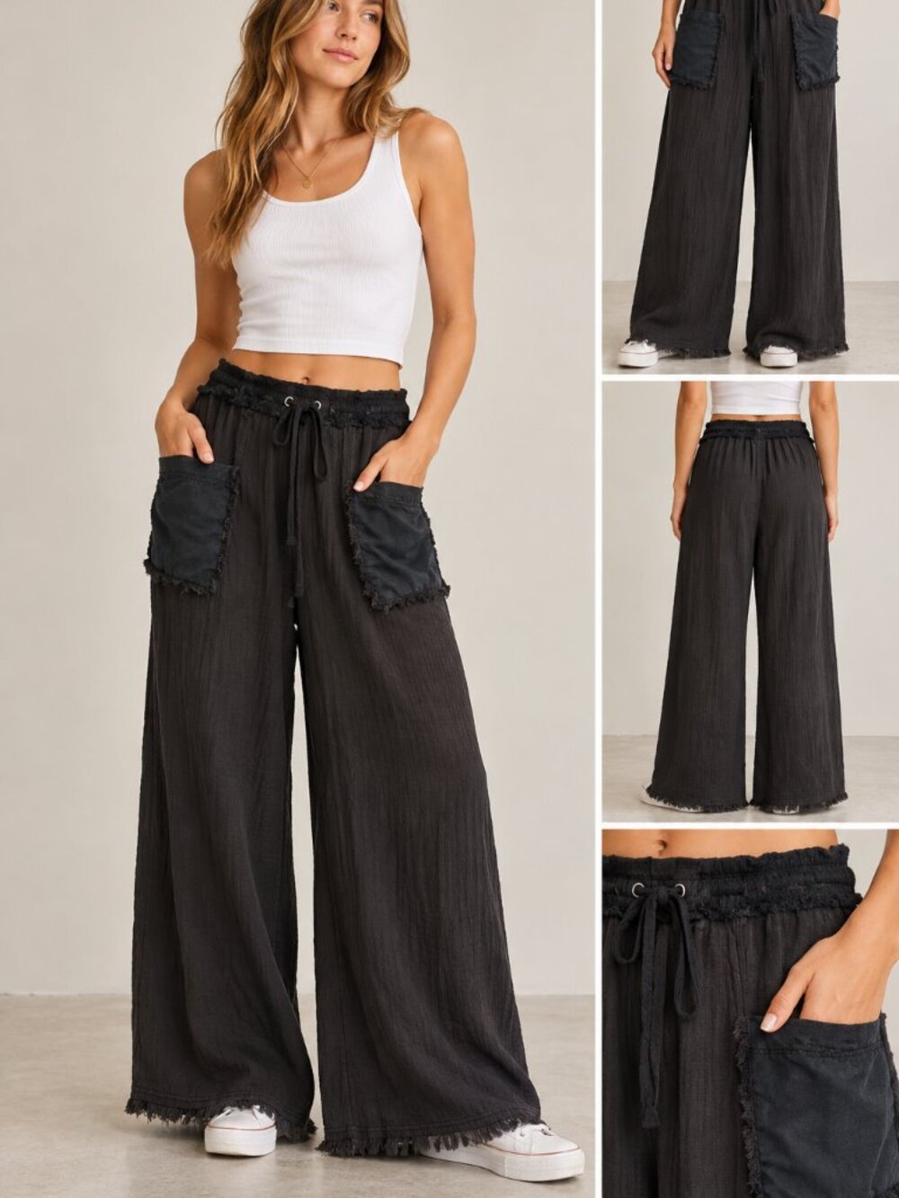 New FP Movement by Free People Wide Leg Raw Edge Pants ~ Mineral Wash Black